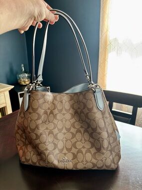 Coach Large Signature Canvas Shoulder Bag with Light Blue Trim